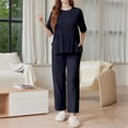 thumbnail image 3 of WTOBBY Women's Loose Fashion Solid Color Split Hem Round Neck Short Sleeve Top and Long Pants Two Piece Casual Summer Set for Women,Navy L, 3 of 6