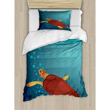 Turtle Duvet Cover Set Twin Size, Cartoon Illustration of a Coffee Color Tortoise with Air Bubbles Corals and Seaweeds, Decorative 2 Piece Bedding Set with 1 Pillow Sham, Multicolor, by