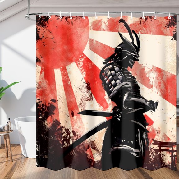 Samurai Sunset Shower Curtain Fabric Shower Curtain Set with 12 Hooks Waterproof 72 * 72 Inches for Bathroom Beach Caravan Hotel