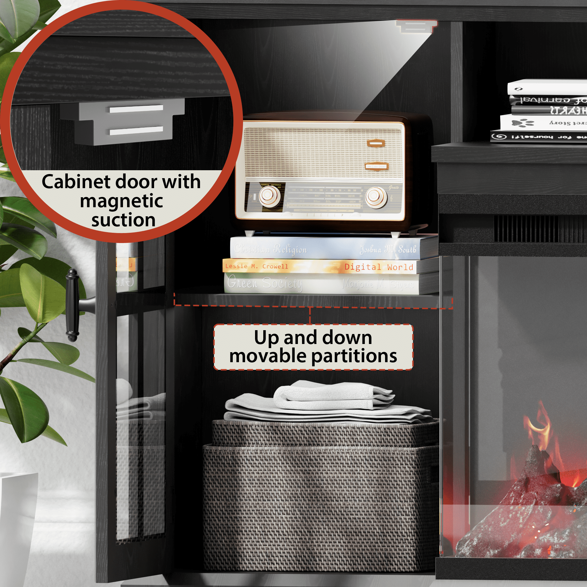 Homall Fireplace TV Stand for TVs up to 65" 3-Sided Glass Modern Media Entertainment Center with Cabniet Storage Adjustable Flame Color Fireplace,Black