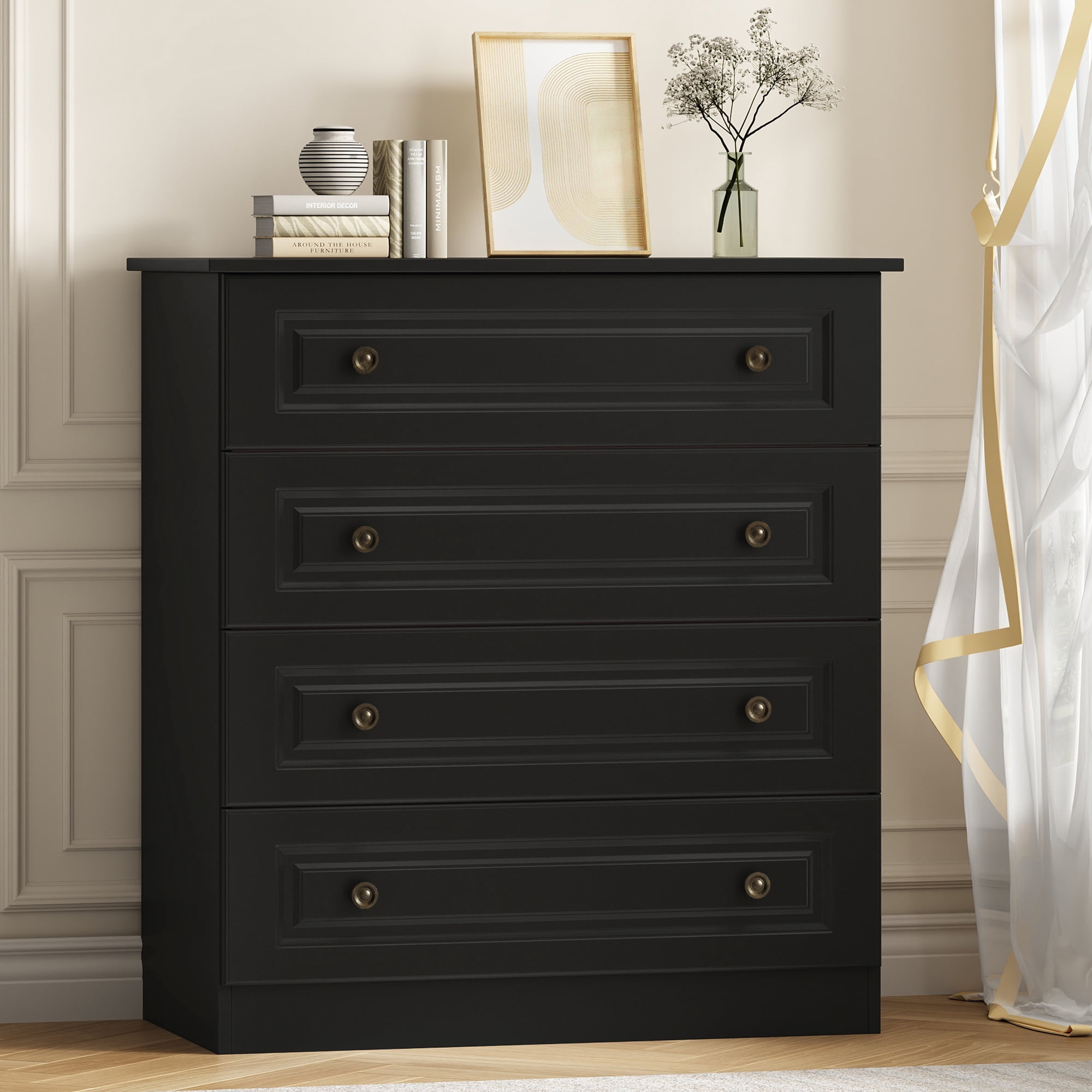 4 Drawer Black Dresser for Bedroom, 35 Inch Tall Storage Chest with Large Drawers, Modern Space Saving Furniture for Hallway, Entryway (White)