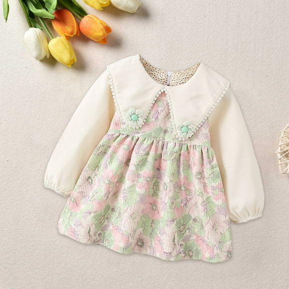 piuwrlz Kid Girls Unibody Princess Dress Lapel Collar Flower Fragmented Flowers Skirts One Piece Skirt Set Green Size 3Y