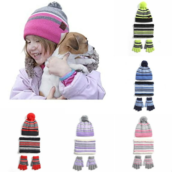 D-GROEE Kids Pompom Hat Scarf Gloves Set Toddler Winter Knit Beanies Neck Warmer Gaiter 1 Set