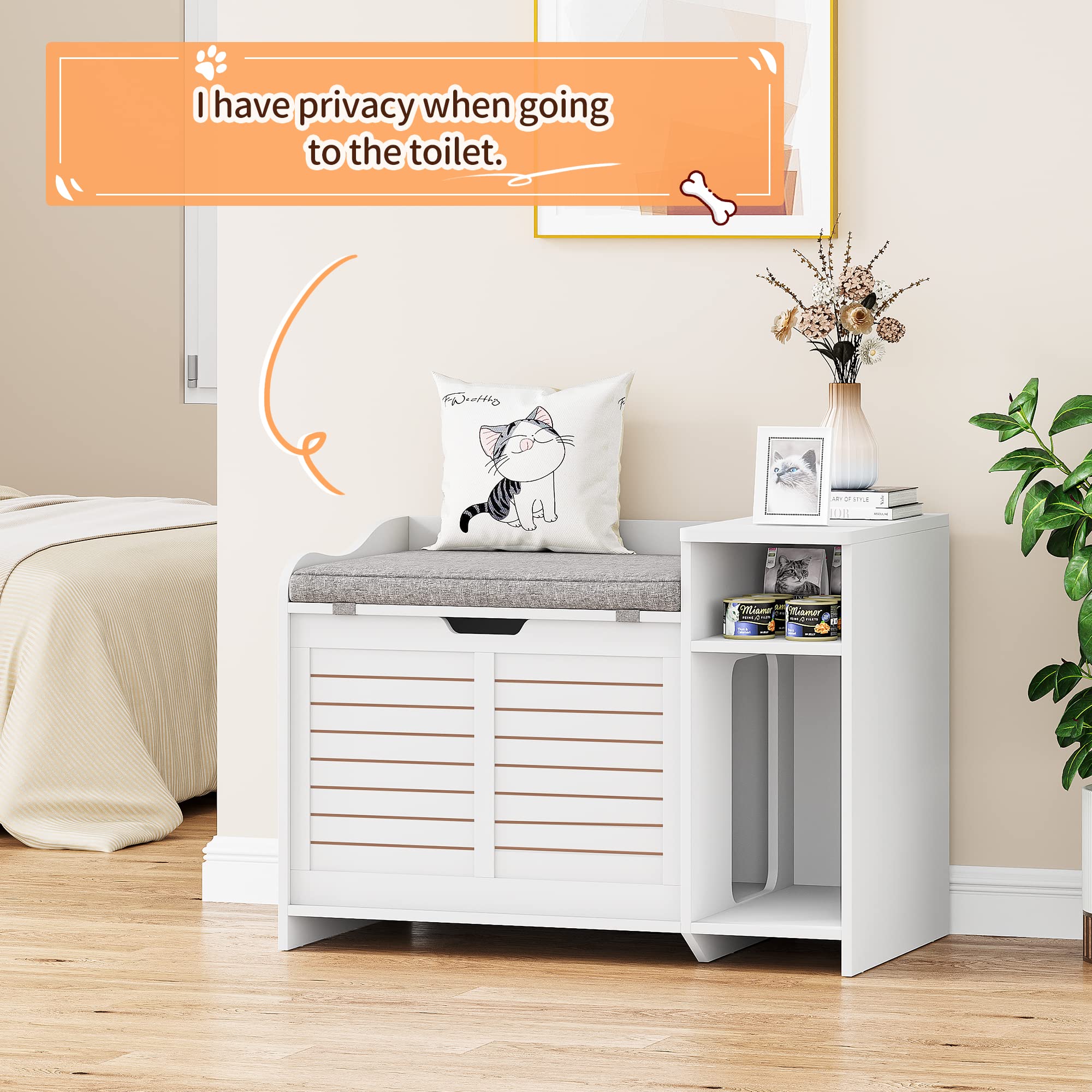 Cat Litter Box Furniture, Hidden Cat Litter Box Cabinet with Top Opening and Cushion, Privacy Cat Litter Box Enclosure with Storage, Litter Box Enclosure Furniture