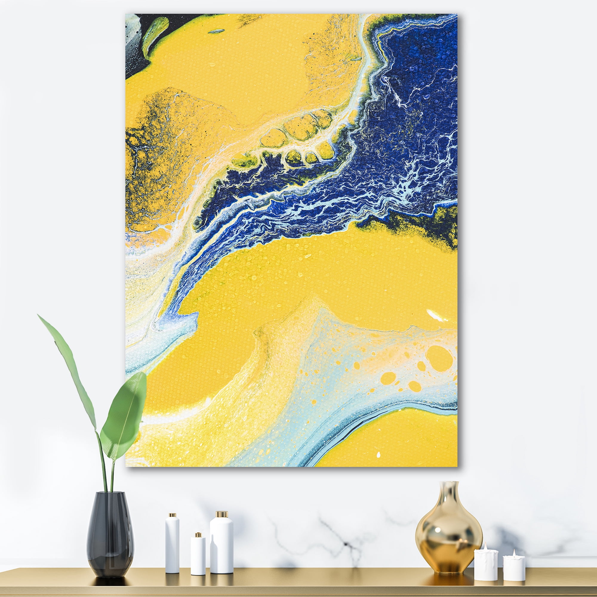 Designart ' Abstract Composition In Blue and Yellow VII ' Modern Canvas Wall Art Print
