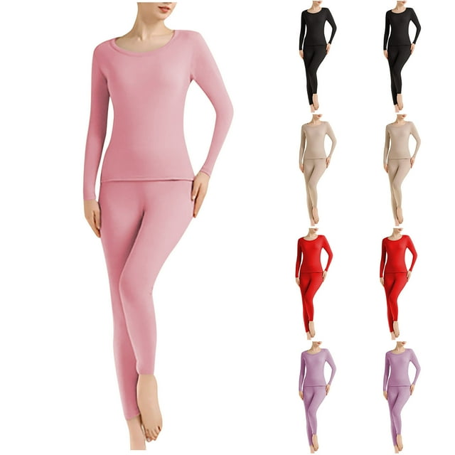 Qtocio Women's Summer Pajama Set,Solid Color Crew Neck Long Sleeve Pants Warm Sleepwear Set