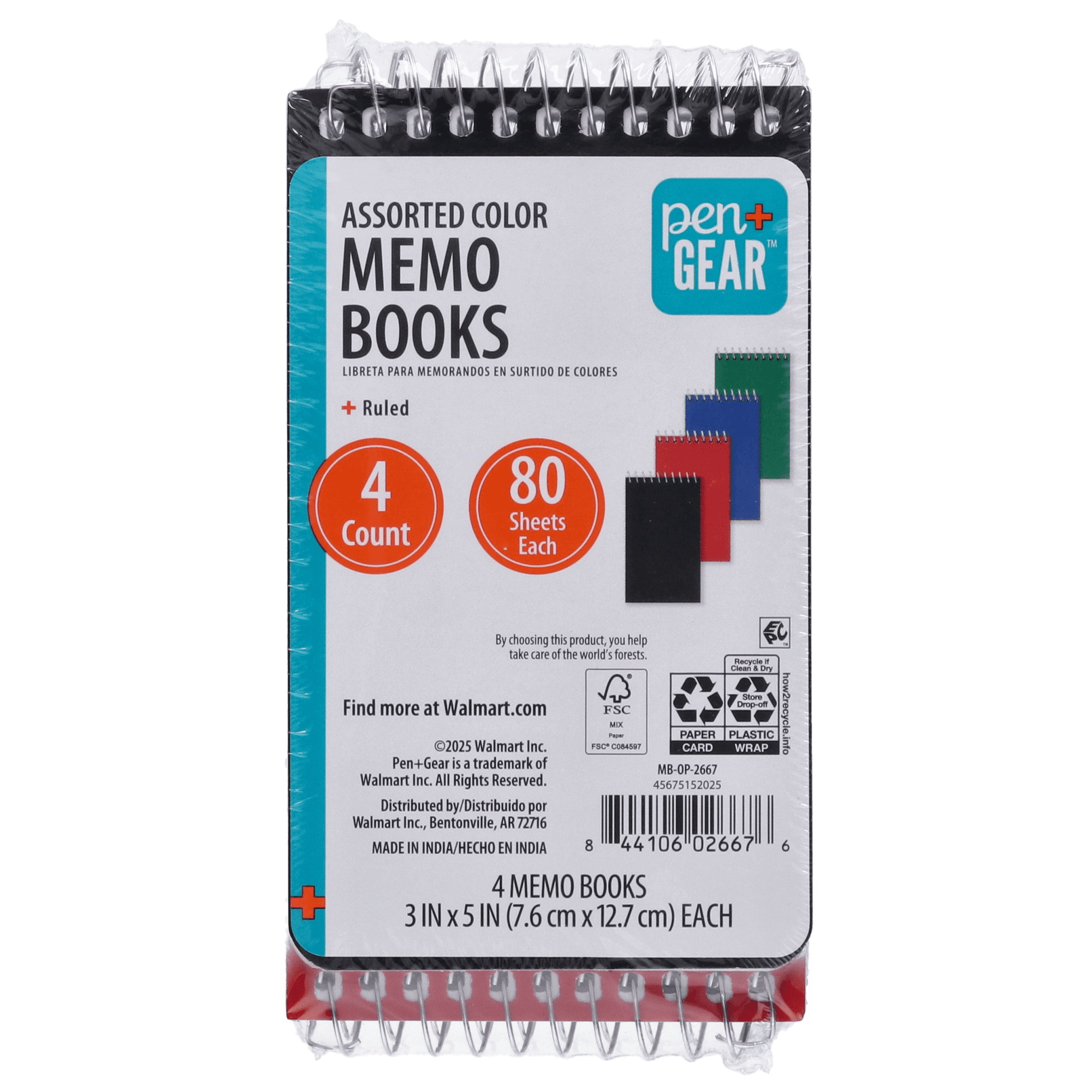 Pen + Gear Spiral Bound Ruled Paper Memo Book, 3 in x 5 in, 4 Pack