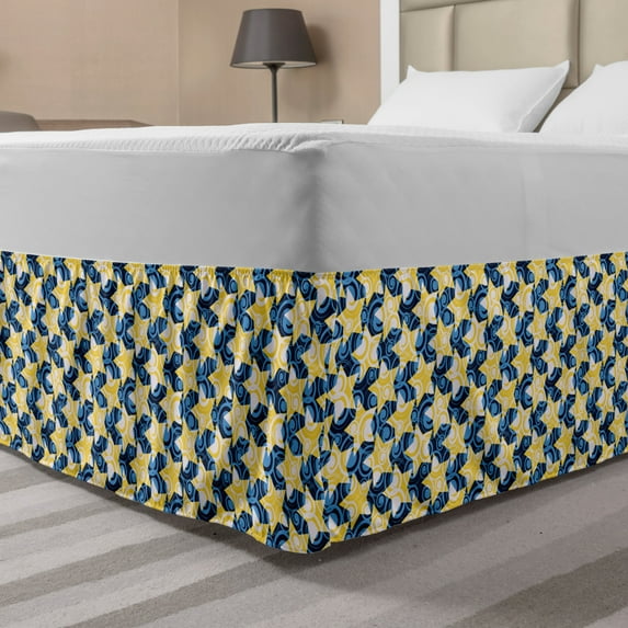Stars Bed Skirt, Whimsical Artwork of Stars and Swirls Pattern, Elastic Bedskirt Dust Ruffle Wrap Around for Bedding Decor, 4 Sizes, Night Blue Mustard, by Ambesonne