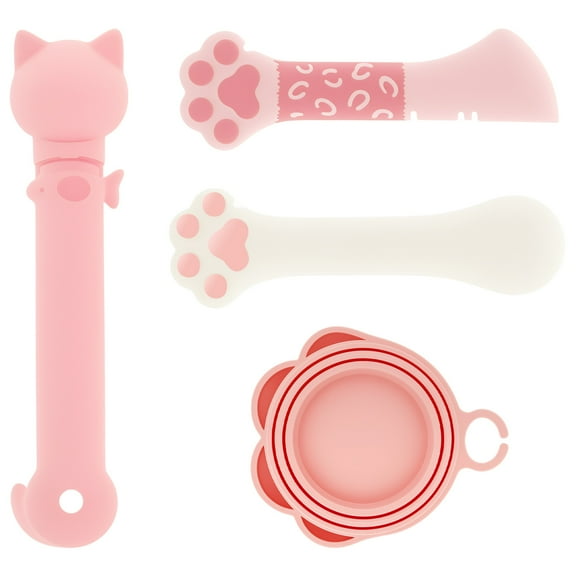 Sutowe 4 Pcs Silicone Pet Food Can Supplies Set with Cat Strip Feeder Spoon Practical Cat Food Can Supplies Set for Pets Feeding Pink