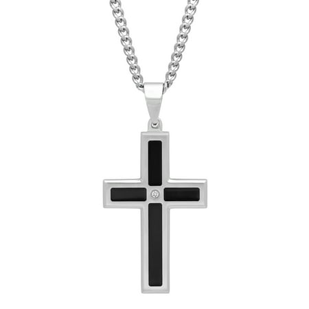 Men's Diamond Accent Stainless Steel Black Inlay Cross Pendant with 24 Chain Mens Pendant