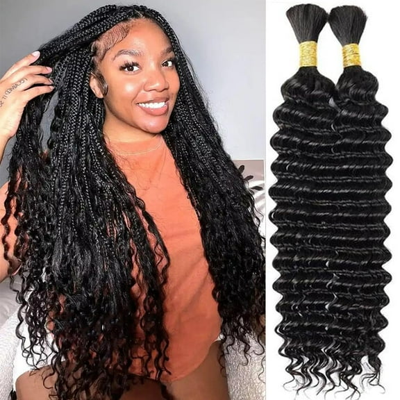 Human Braiding Hair For Boho Braids 100g Deep Wave Bulk Human Hair for Braiding Knotless 12A 100% Unprocessed Brazilian Virgin Hair Extensions Bulk Bohemian 2 Bundles Natural Color