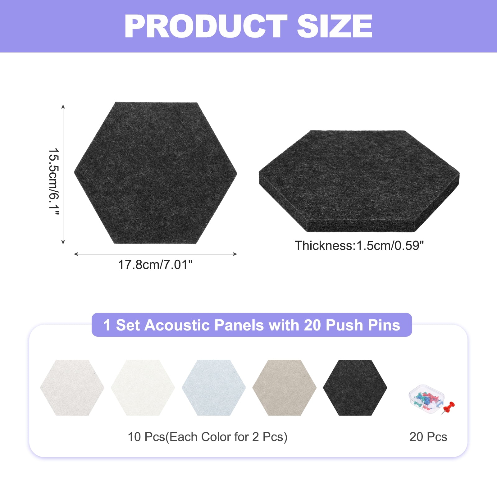 Uxcell 10 Pcs B1 Hexagon Acoustic Panels with Push Pins 6.1'' x 7.01'' Black Dark Brown Bright Gray Light Brown White