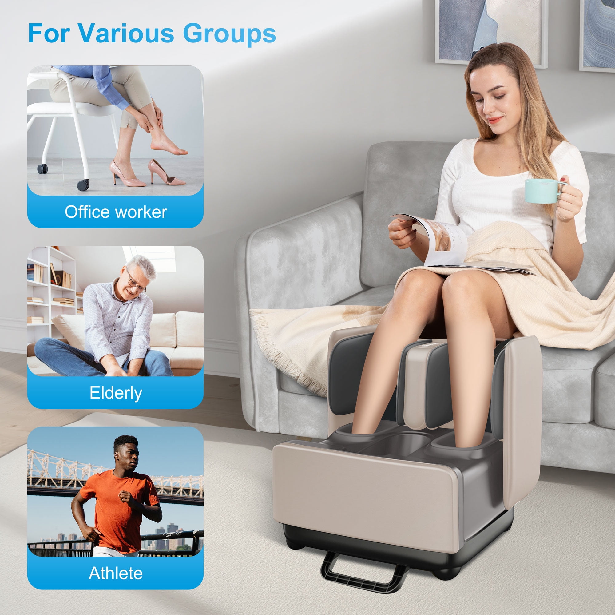 Comfier Foot Massage Machine, Shiatsu Deep Kneading Calf Foot Massager with Heat for Plantar Fasciitis, APP Control, Off White