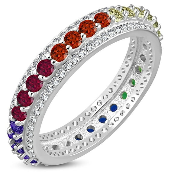 925 Sterling Silver Women's Silver-Tone Prong-Set Multi-Color CZ Stones Ring