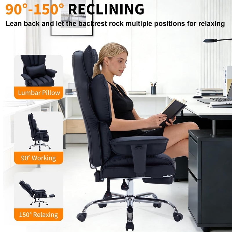 Office Chair with Footrest, 440LBS Capacity Big and Tall Executive Chair, Ergonomic High Back Desk Chair with Reclining Function, Faux Leather Computer Chair for Home Office