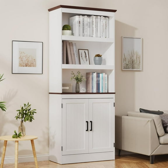 DIYART 71" Tall Bookshelf with Doors, 5 Tiers Farmhouse Bookcase with Adjustable Shelves, Wooden Rustic Display Cabinet for Home Office, Living Room, White