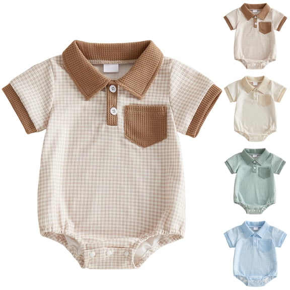 WUANDIXFA Baby Boy Clothes Waffle Knit Button Up Shirt Romper Solid Short Sleeve Collared Bodysuit One-Piece Outfit (Blue, 3-6 Months)
