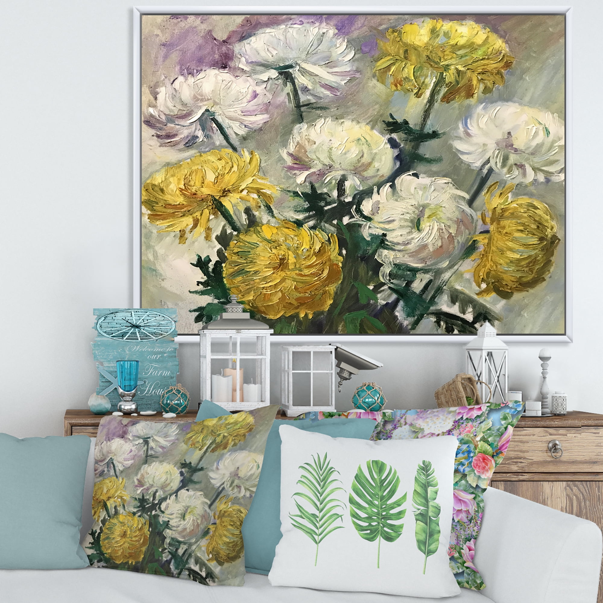 Designart 'Golden and White Daisies' Traditional Framed Canvas Wall Art Print