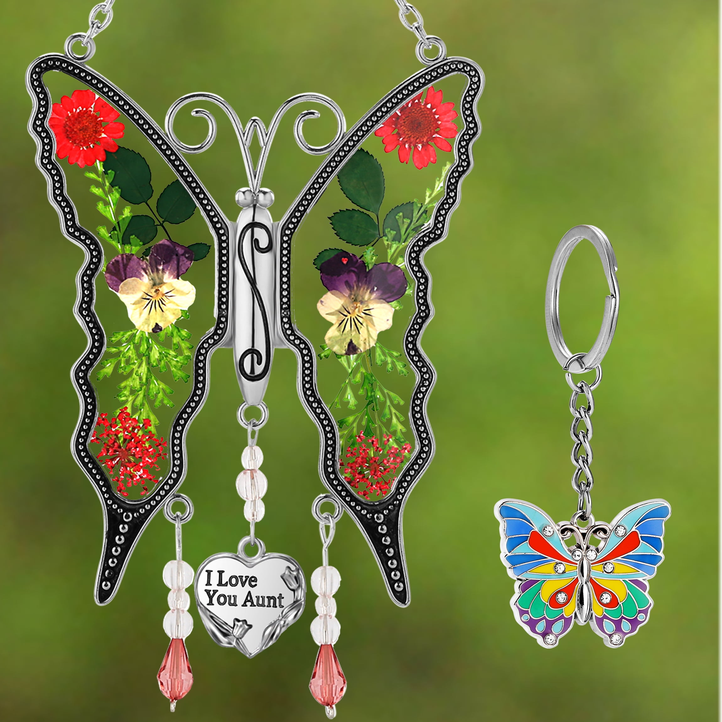 I Love You Aunt Butterfly Suncatchers& Blue Butterfly Keychain Silver Zircon & Stained glass and really flower material Color box packing Make Happy Mother's Day Gifts for Aunt Birthday Christmas