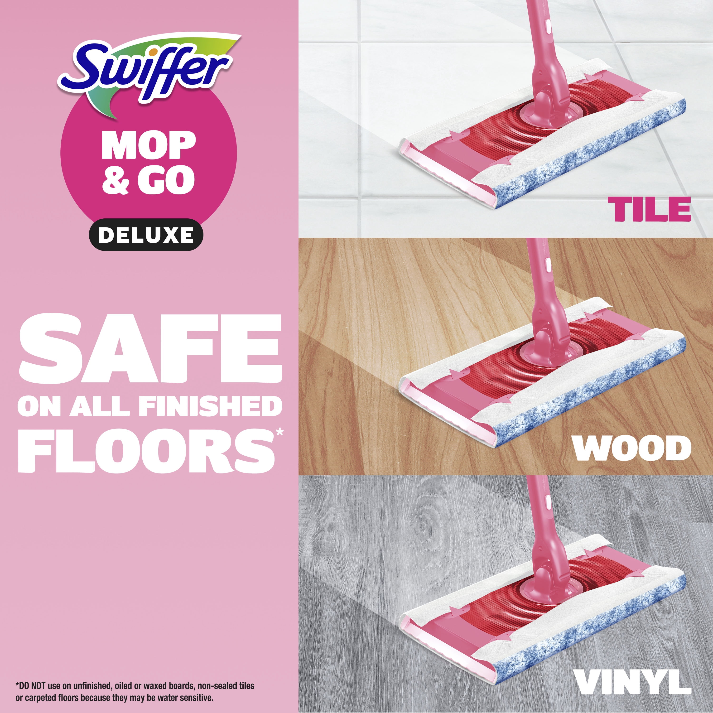 Swiffer Pink Mop & Go Deluxe Kit with Dry & Wet Refills, Unscented, 1 Handle + 2 Hair Magnet Dry Refills & 6 Mop & Go Wet Refills