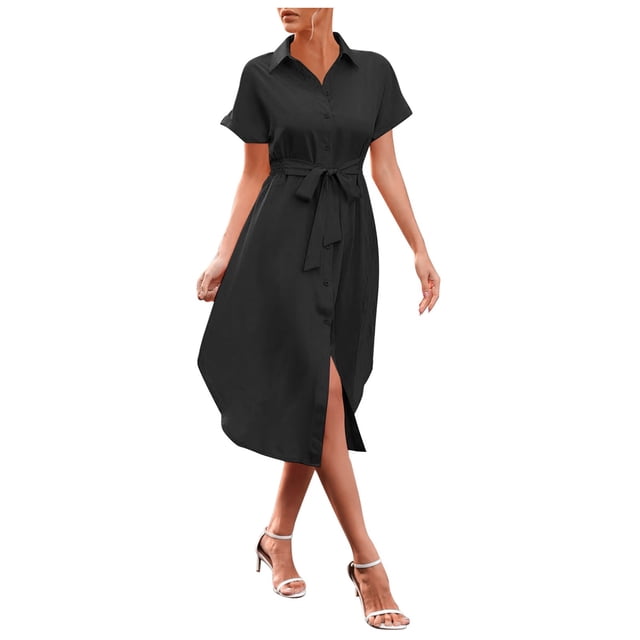 Vestido camisero de verano con botones para mujer - Prenda de playa de manga corta con bolsillos