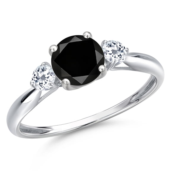 Gem Stone King 10K White Gold Black Diamond and White Topaz 3-Stone Ring for Women | 1.33 Cttw | Round 6MM | Gemstone April Birthstone | Size 9