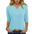 thumbnail image 2 of idosla 3/4 Sleeve Tops for Women Summer Notched V Neck Plain T Shirts Casual Cute Three Quarter Length Dressy Blouses (Sky Blue, M), 2 of 6