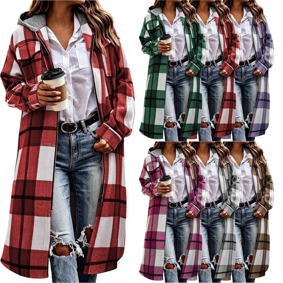 SYwaren Women's Woolen Irregular Plaid Jacket Lapel Zip-Up Long Sleeve Tweed Cardigan with Chest Pocket Outerwear Top