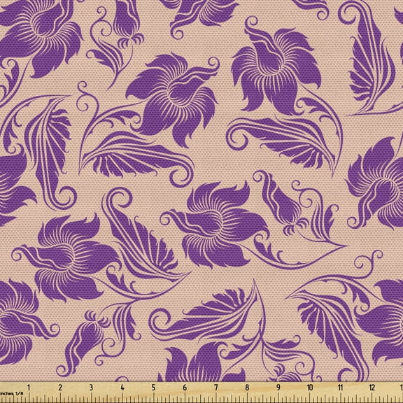 Floral Fabric by the Yard, Continuous Composition of Tropical Flowers Curly Ornaments Illustration, Upholstery Fabric for Dining Chairs Home Decor Accents, Pale Salmon and Purple by Ambesonne