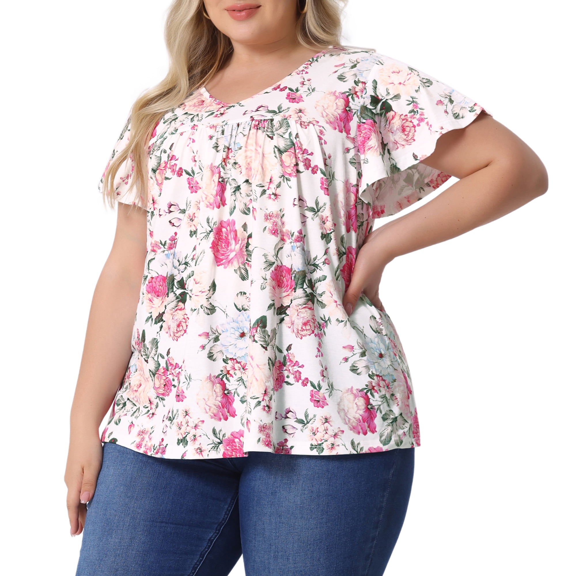 DARING DIVA Women's Plus Ruffle Boho Floral T Shirt 3X White Pink Floral