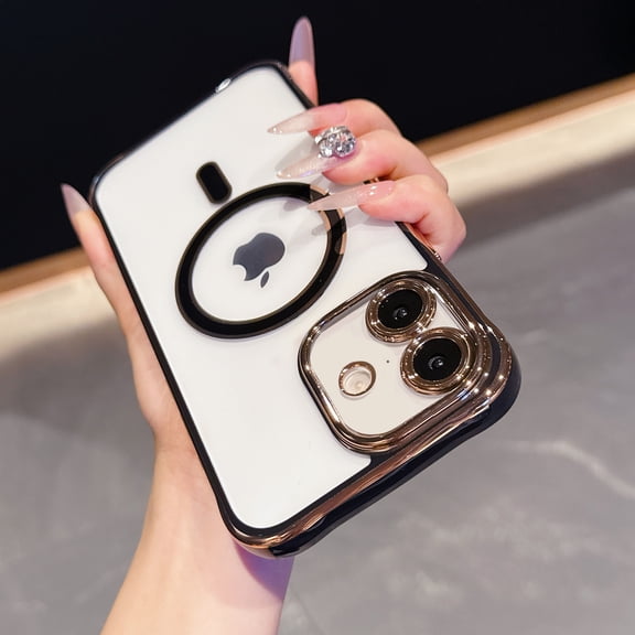 Compatible with MagSafe For iPhone 16 Plus Case,Clear Phone Case with Luxury Gold Electroplated Bumper & Camera Lens Protection, Slim Shockproof Cover for Women Girls,Black