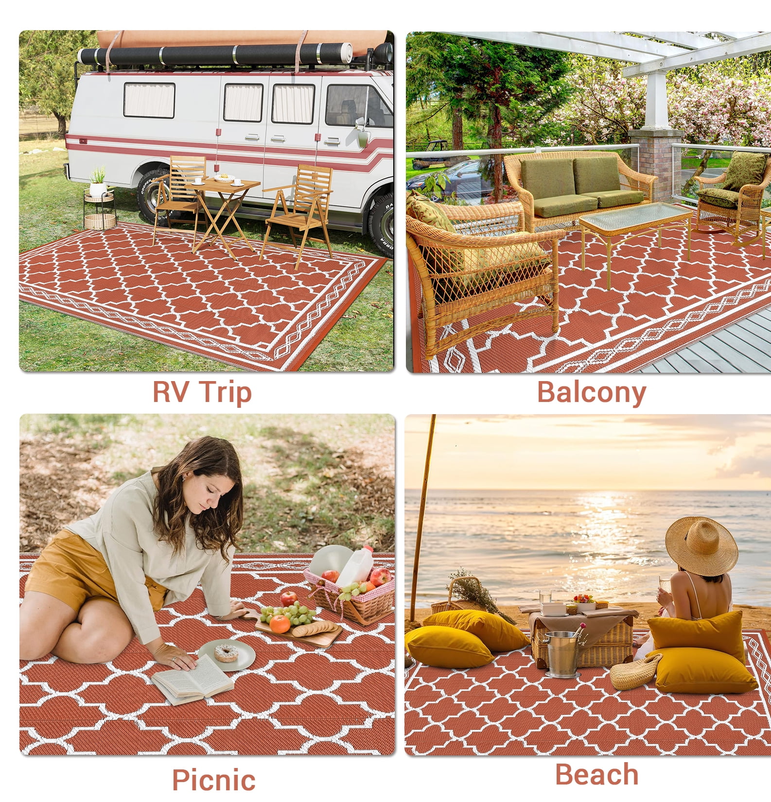 GlowSol 10' x 14' Outdoor Rug Plastic Patio Rug Plastic Straw Waterproof Rug Moroccan Reversible Camper Rug for RV Backyard Deck Picnic Beach, Brick Red