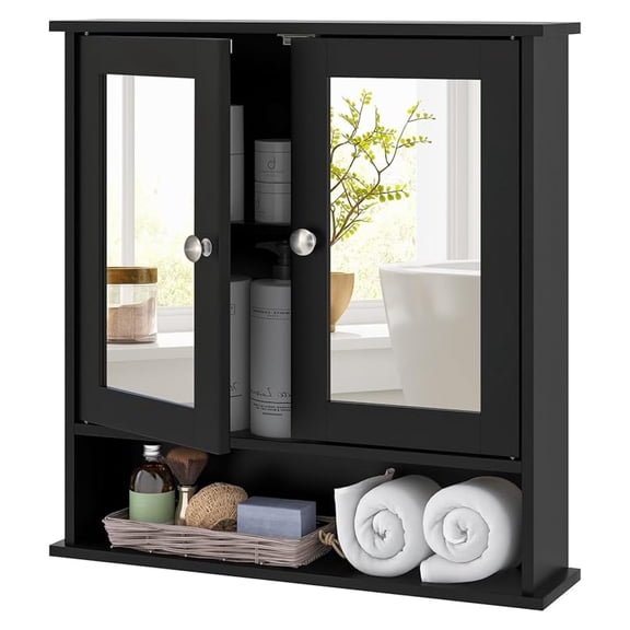 Bathroom Wall Cabinet, Over The Toilet Storage Cabinet with Adjustable Shelf and Vanity Mirrored Doors, Medicine Cabinet Mirror, Bathroom Organizers and Storage for Kitchen, Office (Black)