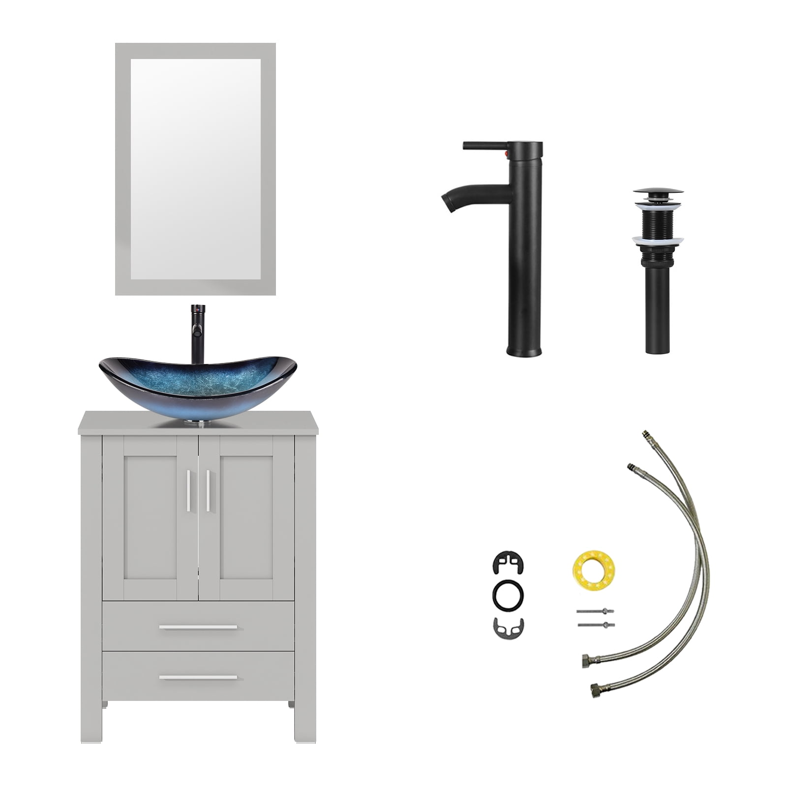 ELECWISH 24-Inch Bathroom Vanity in Gray with Mirror and Vessel Sink Set, Modern Stand Pedestal Cabinet with Blue Glass Sink Set