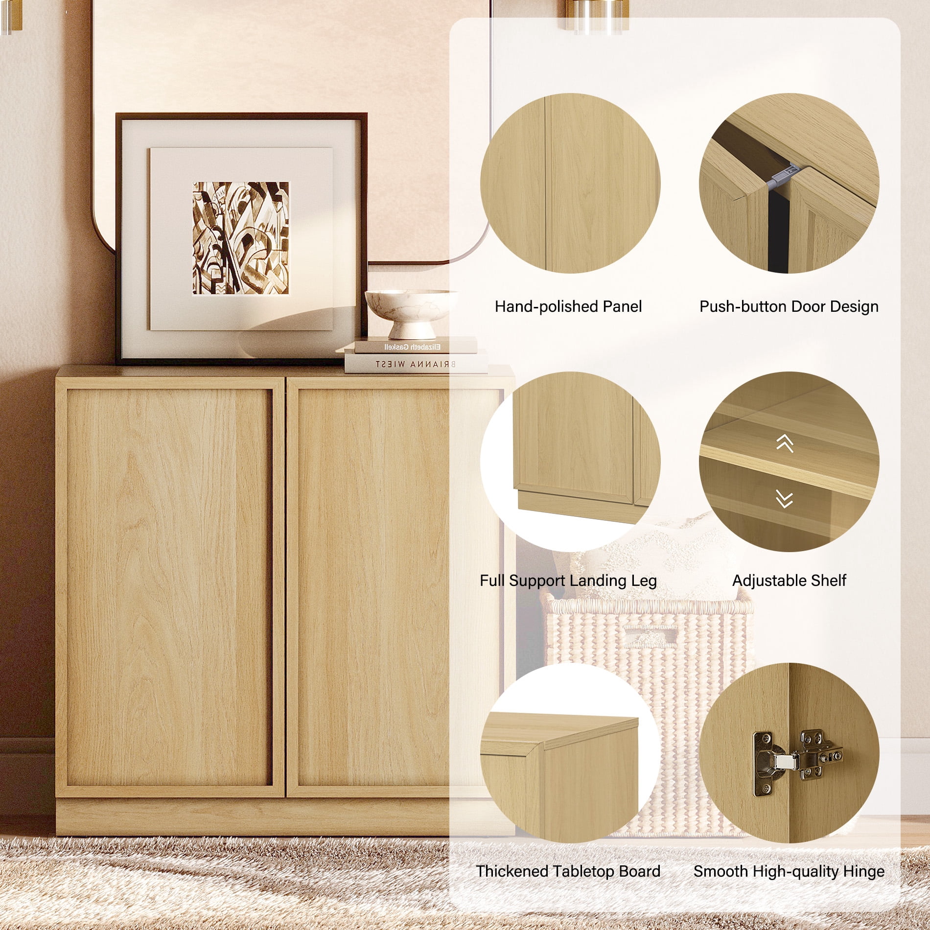 Modern Wood Dresser with 3 Drawers & 2 Adjustable Shelves, 94.5"W Storage Chest with Full Floor Base, Minimalist Organizer for Bedroom Living Room