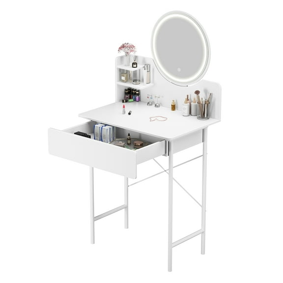 YiJin LED Vanity Desk with Mirror, Makeup Dressing Table with 3 Light Modes, 1 Drawer & 2 Shelves, Modern Bedroom Furniture, Easy Assembly