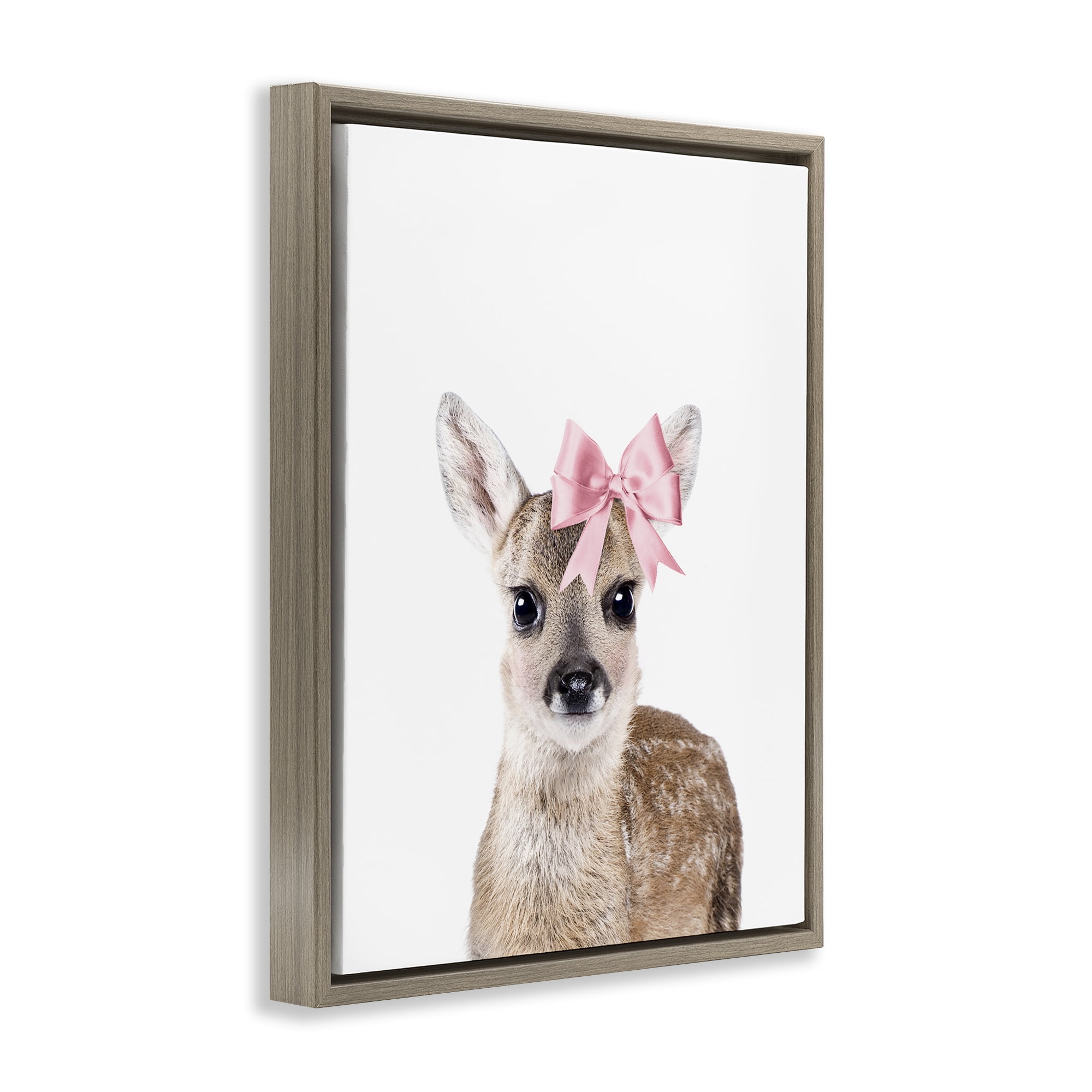 Stupell Industries Fawn with Pink Bow Animals Painting Brown Floater Framed Canvas Art Print Wall Art, 17 x 21