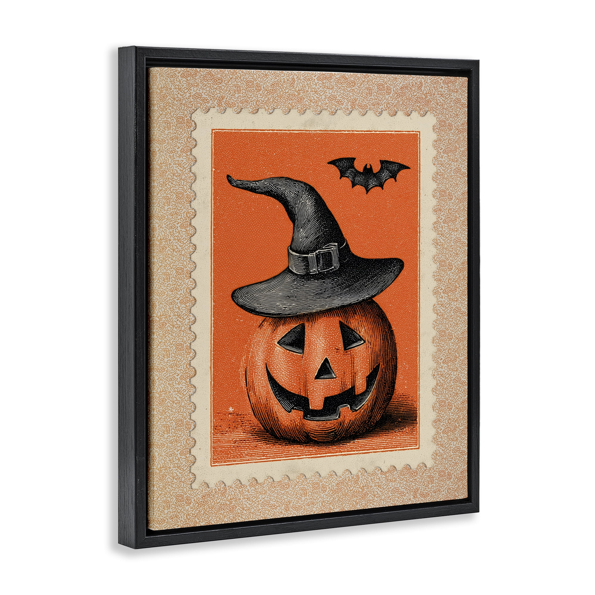 Vintage Jack-o-Lantern Stamp Black Framed Floater Canvas Wall Art, design by Arlington Prints
