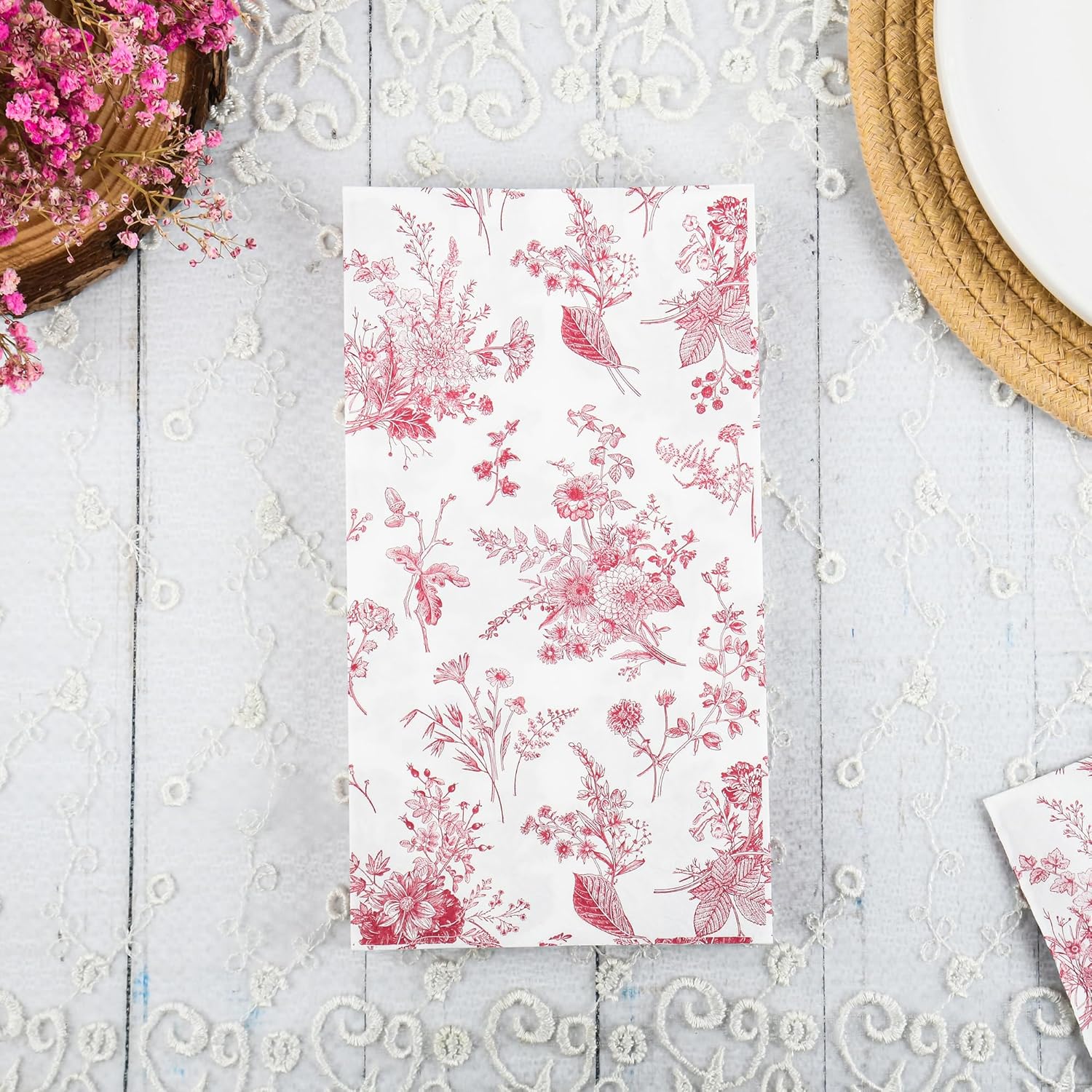 100 Floral Guest Napkins Red White Toile Disposable Paper Napkins Flower Bathroom Hand Towels for Tea Party Christmas Bridal Baby Shower Party Supplies (Red)