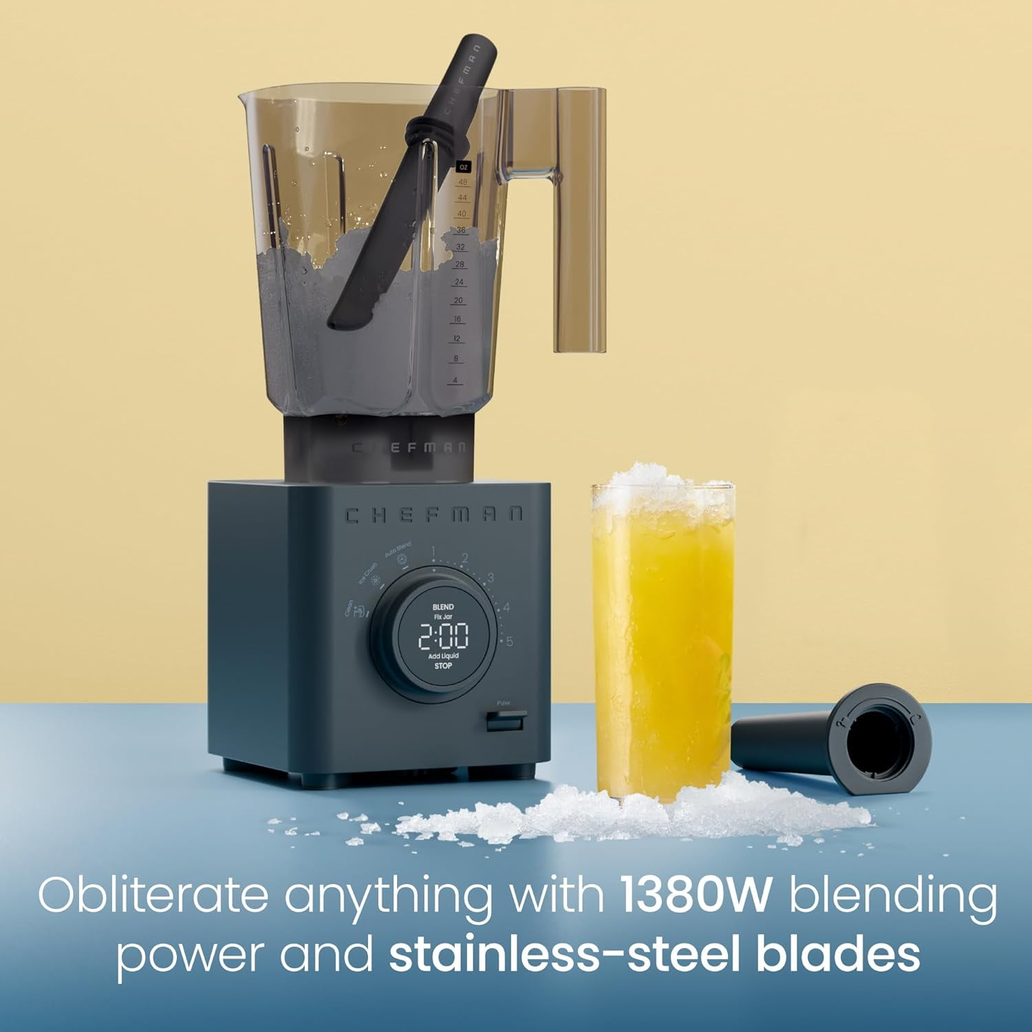 **obliterator 48 oz countertop blender for smoothies, 1380w motor to crush ice, nuts, and frozen fruit with stainless steel blade, auto blend function, includes tamper and scraper - midnight