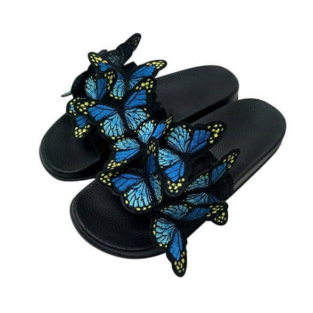 

Womens Dressy Sandals Butterflies Embroidered Fashion Slides Comfy Soft Open Toe Slip On Walking Shoes Casual Summer Boho Slippers