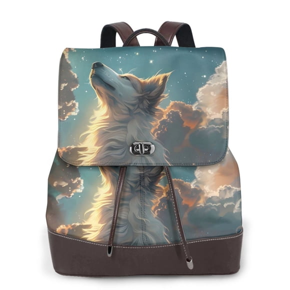 Vsdgher Starry Sky Cloud Wolf Pattern PU Leather Backpack,Purse for Women Fashion Multipurpose Design Handbag Ladies Shoulder Bags Travel Backpack