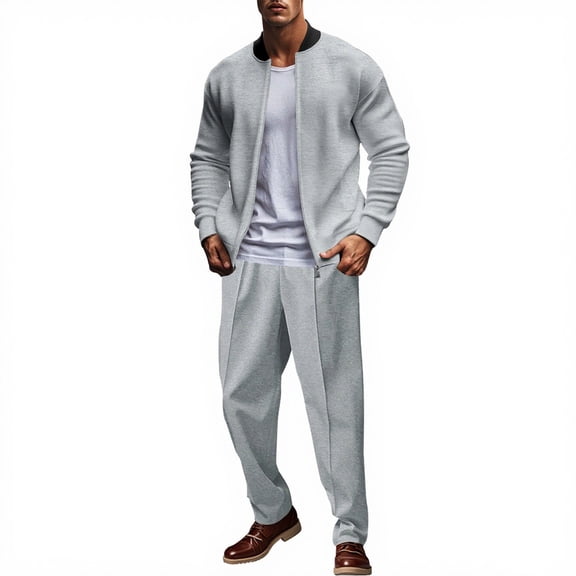 Mens Loungewear Sets Solid Stand Collar Zip Up Long Sleeve Shirt and Drawstring Pants Set Casual Two Piece Tracksuit