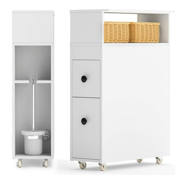 Sptwo | Slim Bathroom Storage Cabinet, Movable Narrow Toilet Side Cabinet w/2 Slide Out Drawers, 2 Rattan Baskets & Shelves, Toilet Paper Holder on Wheels for Small Spaces