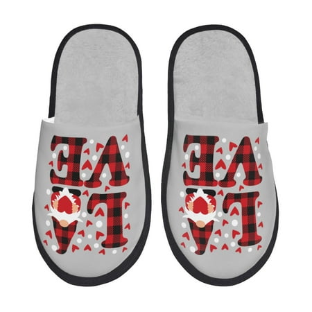Balery Buffalo Plaid Love And Gnome Slient Indoor Furry Fleece Comfort House Shoes Soft Non-Slip Home Shoes Cotton slippers House Slippers-- Large
