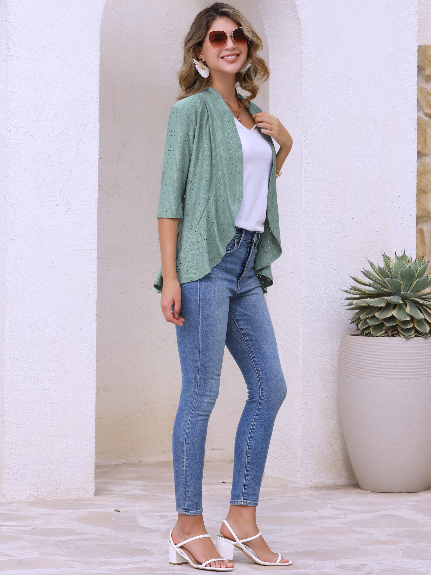DARING DIVA Womens Open Front 3/4 Sleeve Draped Ruffles Eyelet Cardigans XL Grey Green