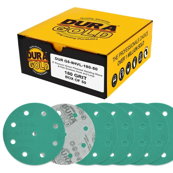 Dura-Gold Premium 180 Grit 5" Green Film Sanding Discs, 9-Hole Pattern, Box of 50 - Heavy-Duty Dustless Hook & Loop Backing Sandpaper for DA & Random Orbital Sanders, Sand Auto Paint, Wood, Furniture