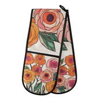 Yayeee Double Oven Mitt Kitchen Heat Resistant Baking 35" x7" Quilted Glove, Hand Drawn Floral