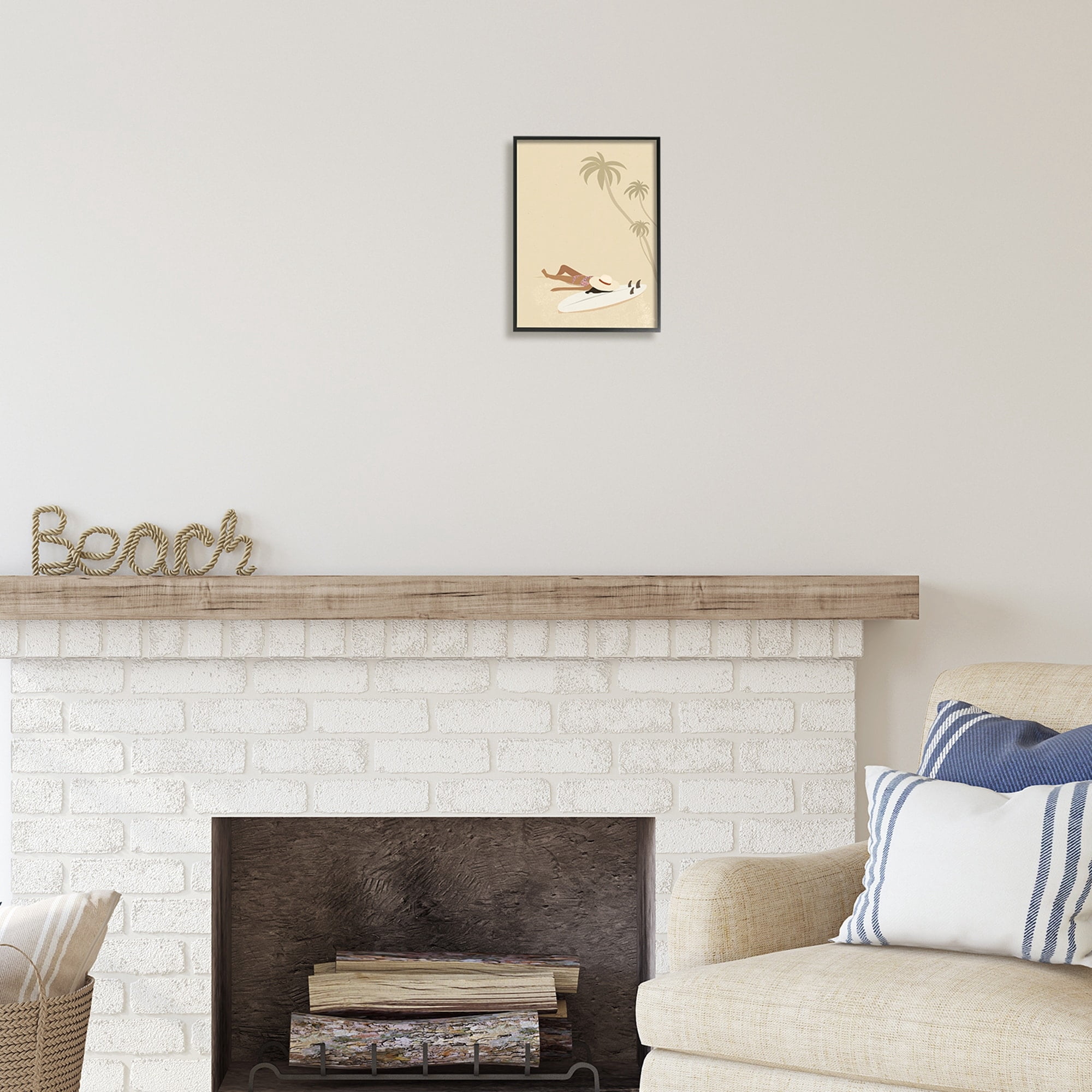 Stupell Industries Beige Summer Sunbathing Girl Coastal Painting Black Framed Art Print Wall Art
