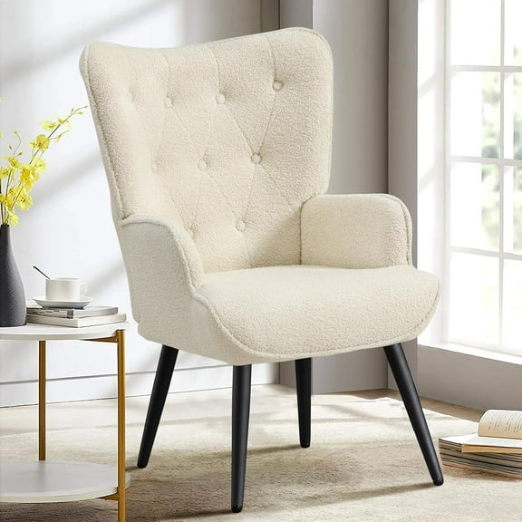 Boucle Accent Chair for Living Room, Upholstered Reading Chair with High Backrest, Tufted-Button Wingback Armchair for Bedroom, Dressing Room, Home Office, Ivory White